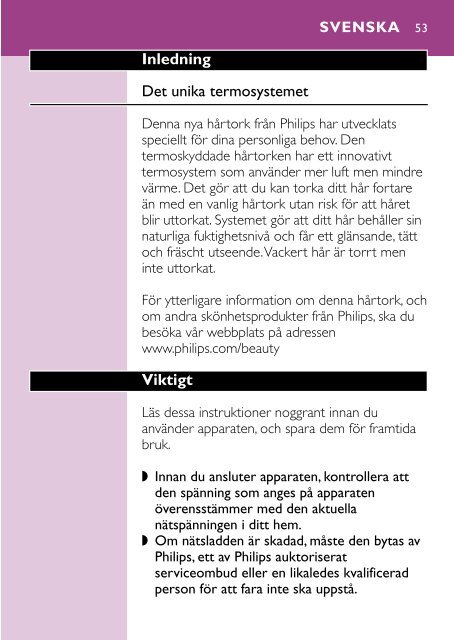Philips S&egrave;che-cheveux - Mode d&rsquo;emploi - ITA