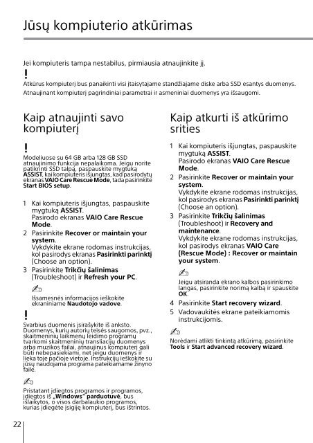 Sony SVS1312K3E - SVS1312K3E Guida alla risoluzione dei problemi Lituano
