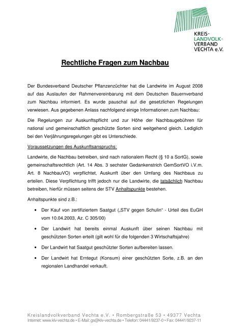 Rechtliche Fragen zum Nachbau - Kreislandvolkverbandes Vechta eV