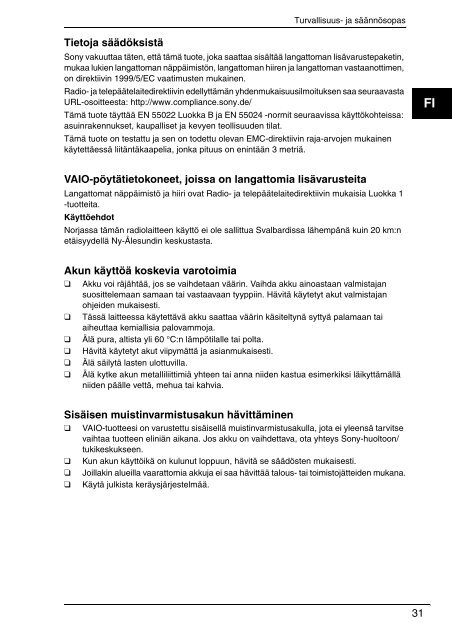 Sony VPCZ13V9E - VPCZ13V9E Documenti garanzia Finlandese
