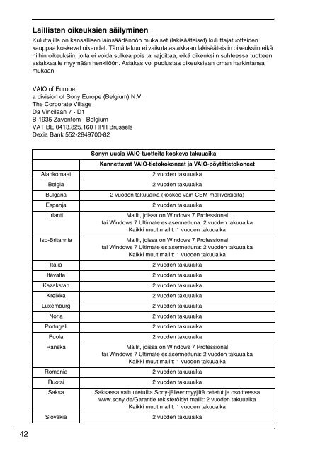 Sony VPCZ13V9E - VPCZ13V9E Documenti garanzia Finlandese