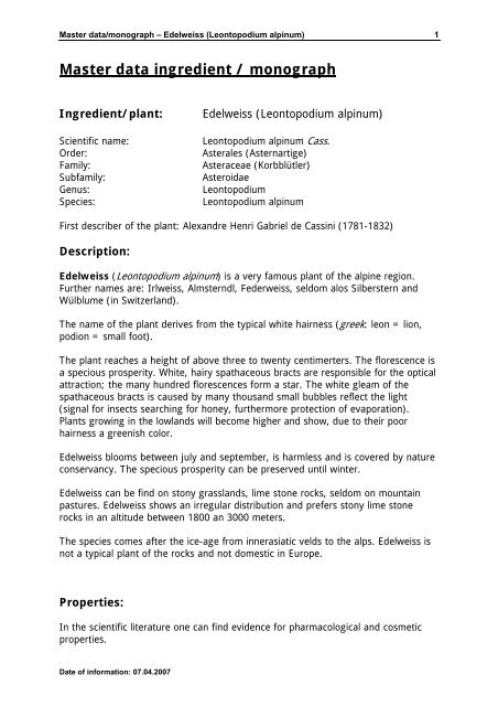 Master data ingredient / monograph - newpharma.ch