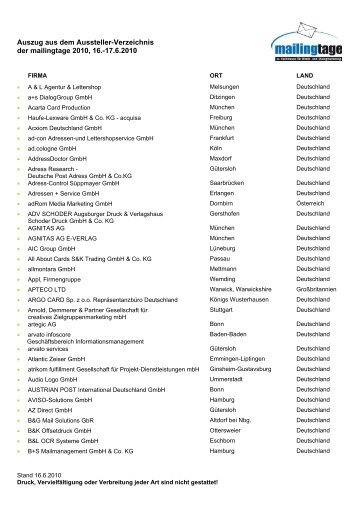 Auszug aus dem Aussteller-Verzeichnis der mailingtage 2010, 16 ...