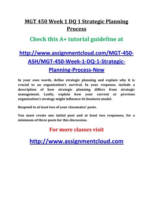 ash MGT 450 Week 1 DQ 1 Strategic Planning Process