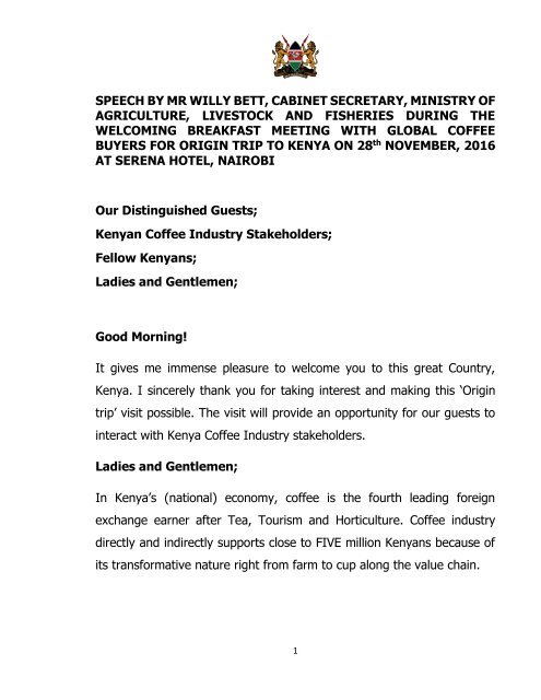 Speech By Mr Willy Bett Cabinet Secretary Ministry Of Agriculture