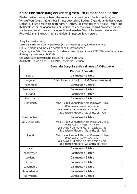 Sony SVF15N1M2R - SVF15N1M2R Documenti garanzia Tedesco