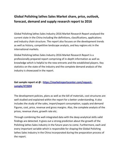 Global Polishing lathes Sales Market investment strategies, size, share and behavior research report to 2016