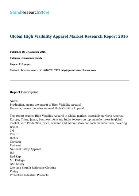 Global High Visibility Apparel Market Research Report 2016 