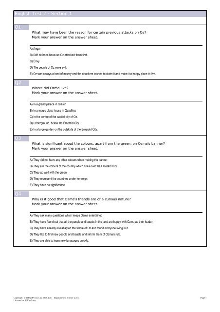 11 Plus Swot English Multiple Choice Paper 2