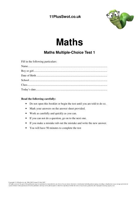 11 Plus Swot Maths Multiple Choice Paper 1