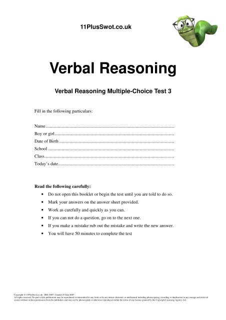 11 Plus Swot Verbal Reasoning Multiple Choice Paper 3