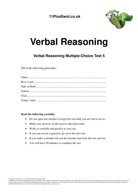 11 Plus Swot Verbal Reasoning Multiple Choice Paper 5