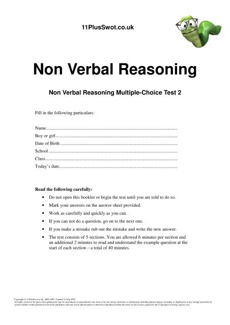 11 Plus Swot Non Verbal Reasoning Multiple Choice Paper 2