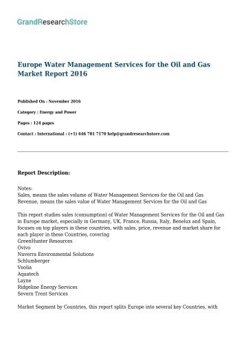 Europe Water Management Services for the Oil and Gas Market Report 2016