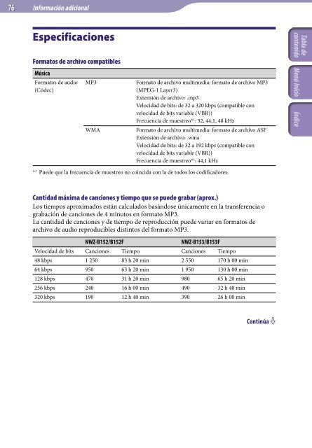 Sony NWZ-B152F - NWZ-B152F Istruzioni per l'uso Spagnolo