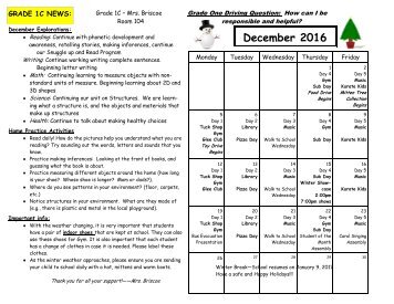 December 2016 calendar and curriculum expectations