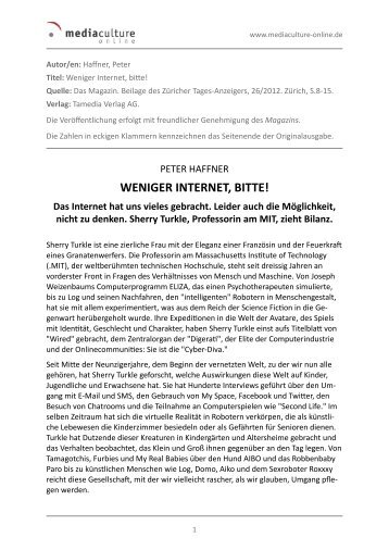 WENIGER INTERNET, BITTE! - Mediaculture online