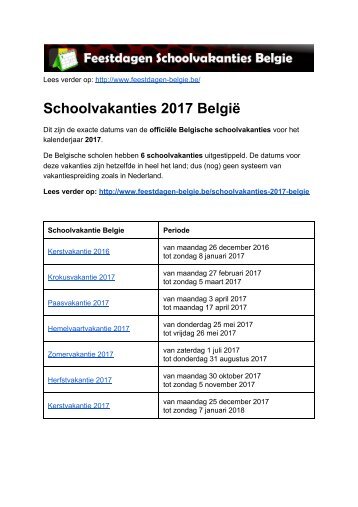 Schoolvakanties 2017 Belgie - Exacte datums op kalender