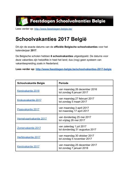 Schoolvakanties 2017 Belgie - Exacte datums op kalender