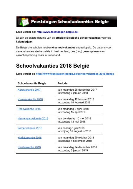 Schoolvakanties 2018 Belgie - Exacte op kalender