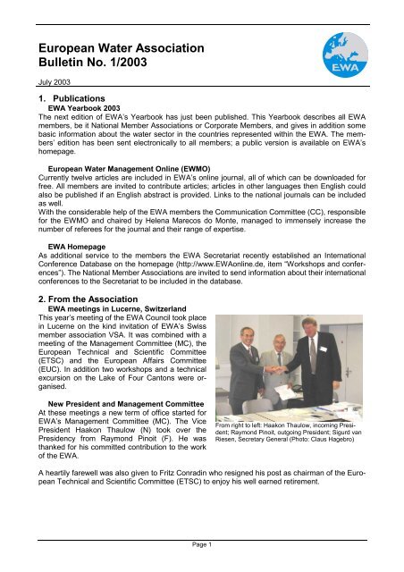 EWA Bulletin No. 1/2003 - European Water Association