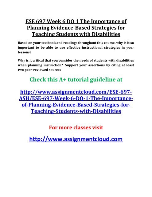 ESE 697 Week 6 DQ 1 The Importance of Planning Evidence