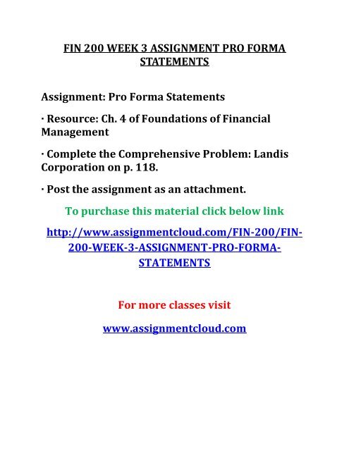 UOP FIN 200 WEEK 3 ASSIGNMENT PRO FORMA STATEMENTS