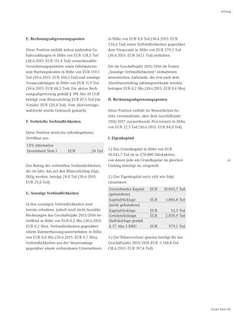 Geschäftsbericht der Euram Bank Wien 2015/2016