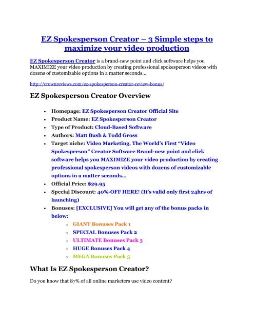 EZ Spokesperson Creator Review - 80% Discount and $26,800 Bonus