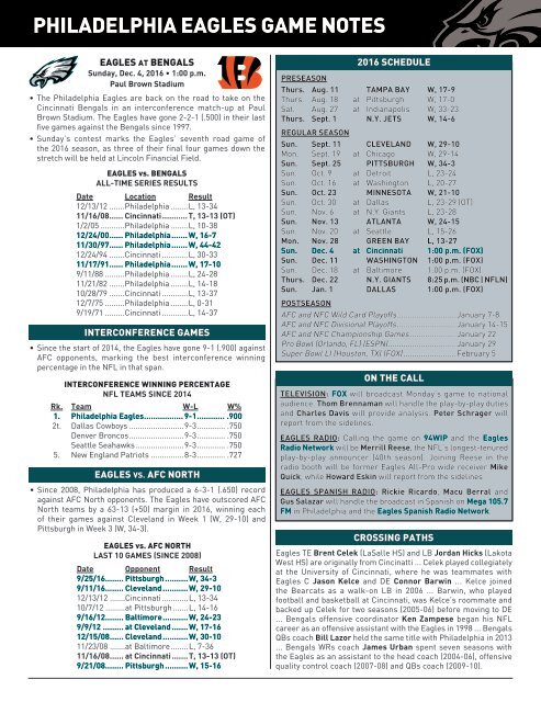 EAGLES GAME NOTES