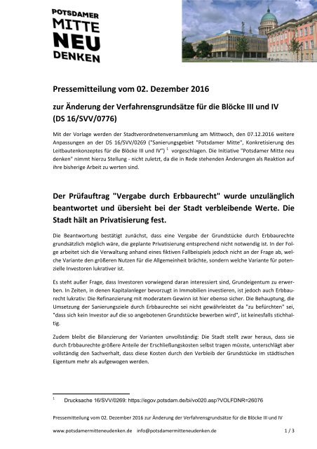 Pressemitteilung vom 02. Dezember 2016  zur Änderung der Verfahrensgrundsätze für die Blöcke III und IV  (DS 16/SVV/0776) .