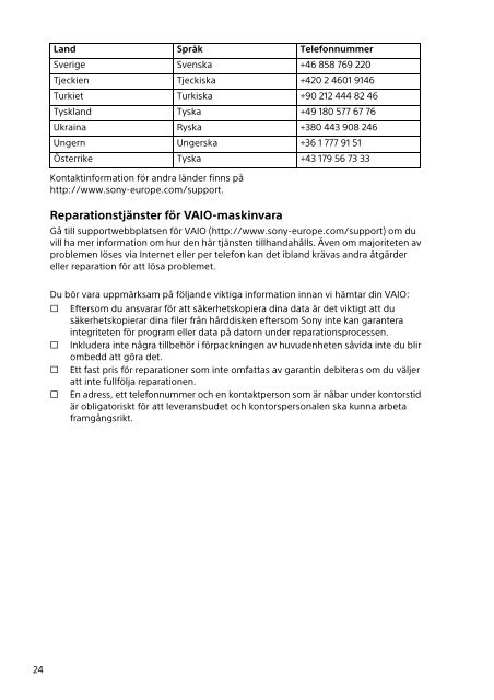 Sony SVS1312N9E - SVS1312N9E Documenti garanzia Svedese