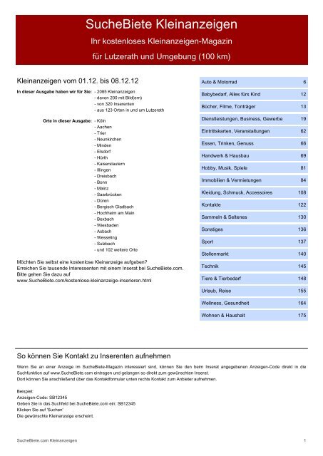 Kleinanzeigen-Magazin - Kostenlose Lutzerath SucheBiete