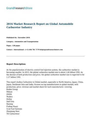 2016 Market Research Report on Global Automobile Carburetor Industry