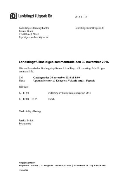 Landstingsfullmäktiges sammanträde den 30 november 2016