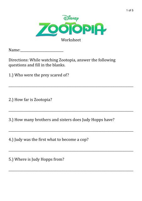Zootopia Worksheet