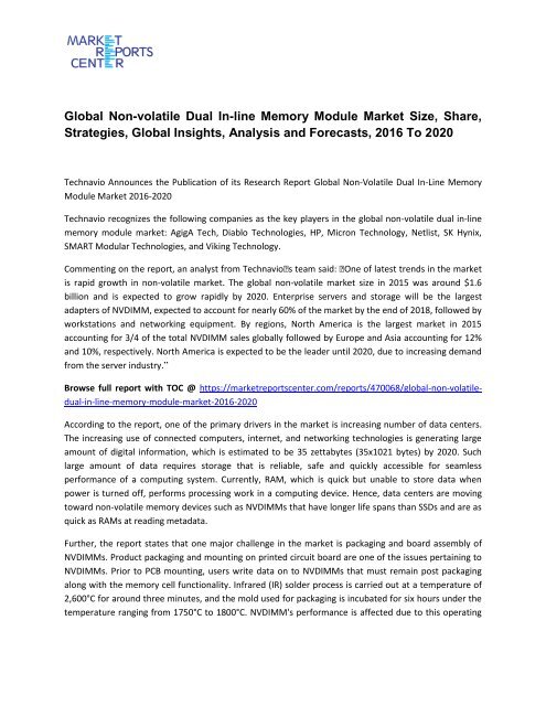 Non-volatile Dual In-line Memory Module Market Trends, Growth, Demand and Forecasts To 2020