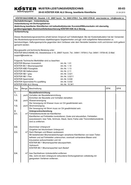 Muster Leistungsverzeichnis Xii 03 Koster Bauchemie Ag