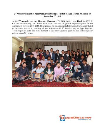 3rd Annual Day Event of Apps Discover Technologies Held at The Leela Hotel