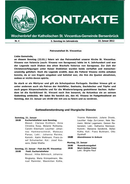 Wochenbrief der Katholischen St. Vincentius-Gemeinde Bersenbrück