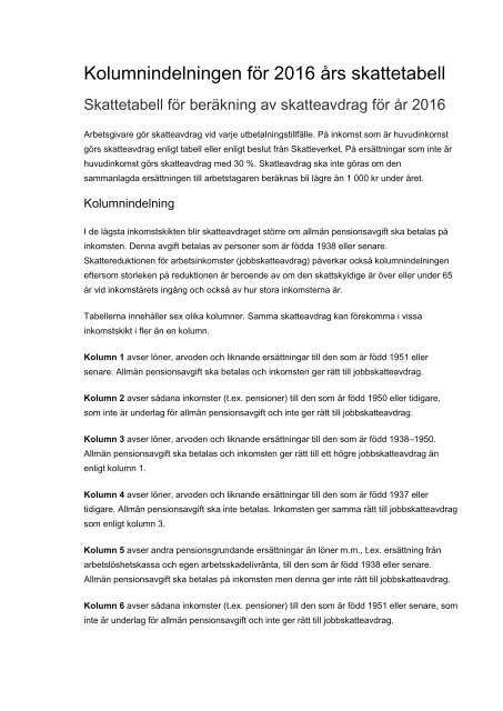 Kolumnindelningen For 2016 Ars Skattetabell