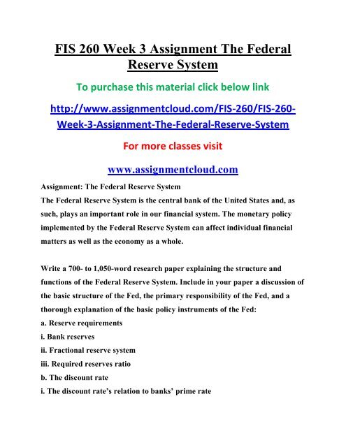 Uop Fis 260 Week 3 Assignment The Federal Reserve System