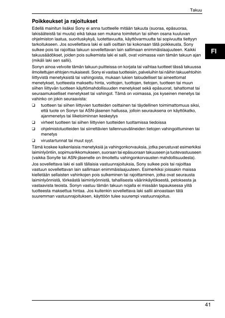 Sony VPCS13B7E - VPCS13B7E Documenti garanzia Finlandese
