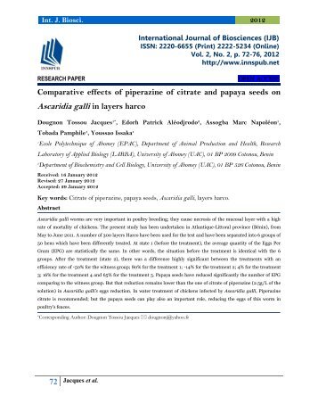 Comparative effects of piperazine of citrate and papaya seeds on Ascaridia galli in layers harco