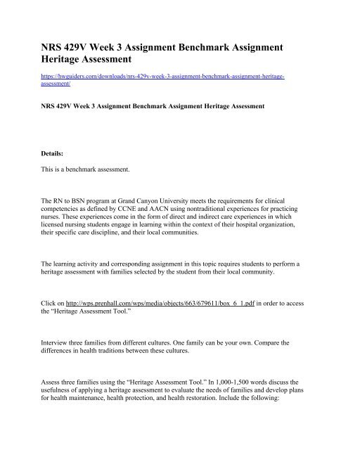 NRS 429V Week 3 Assignment Benchmark Assignment Heritage Assessment