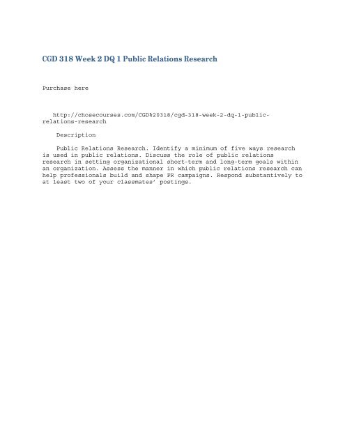 CGD 318 Week 2 DQ 1 Public Relations Research