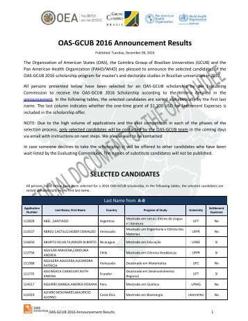 OAS-GCUB 2016 Announcement Results