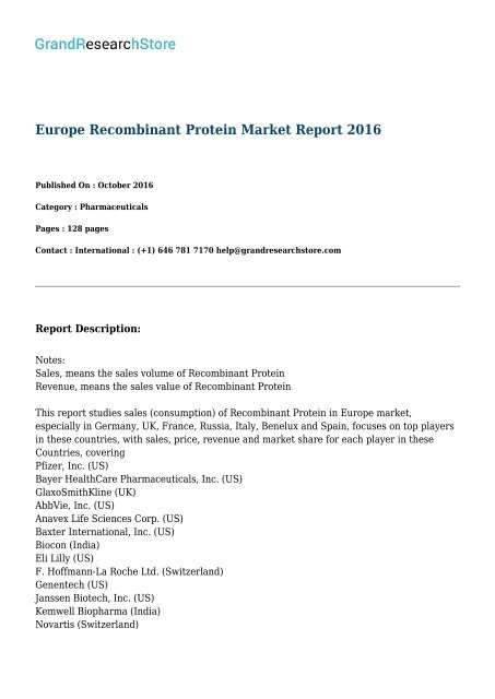 Europe Recombinant Protein Market Report 2016