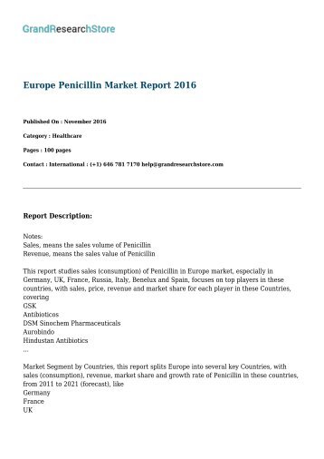 Europe Penicillin Market Report 2016