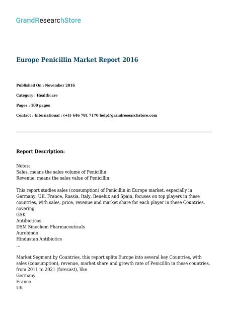 Europe Penicillin Market Report 2016